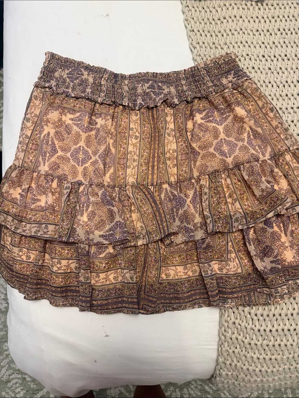 American Eagle Outfitters Peach and Mauve Tiered Ruffle Mini Skirt